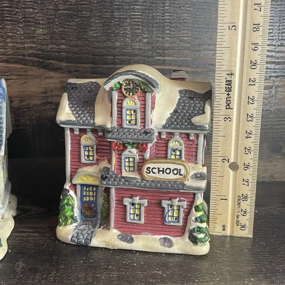 Vintage Porcelain Christmas Village Lot: School, Church & Priest Figurine